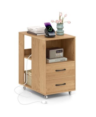 End Table w/Built-in Charging Station USB Ports and Outlets 2 Drawers and 3 Shelves Natural