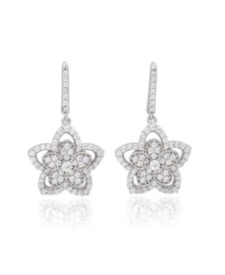Sterling Silver Pave Cubic Zirconia Flower Halo Drop Dangle Earrings