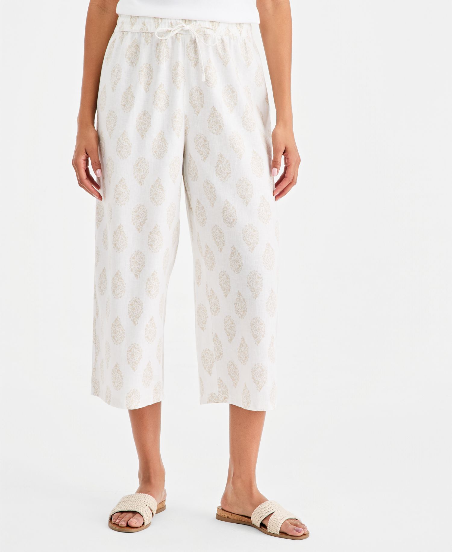 Women's Printed Linen Wide-Leg Capri Pants