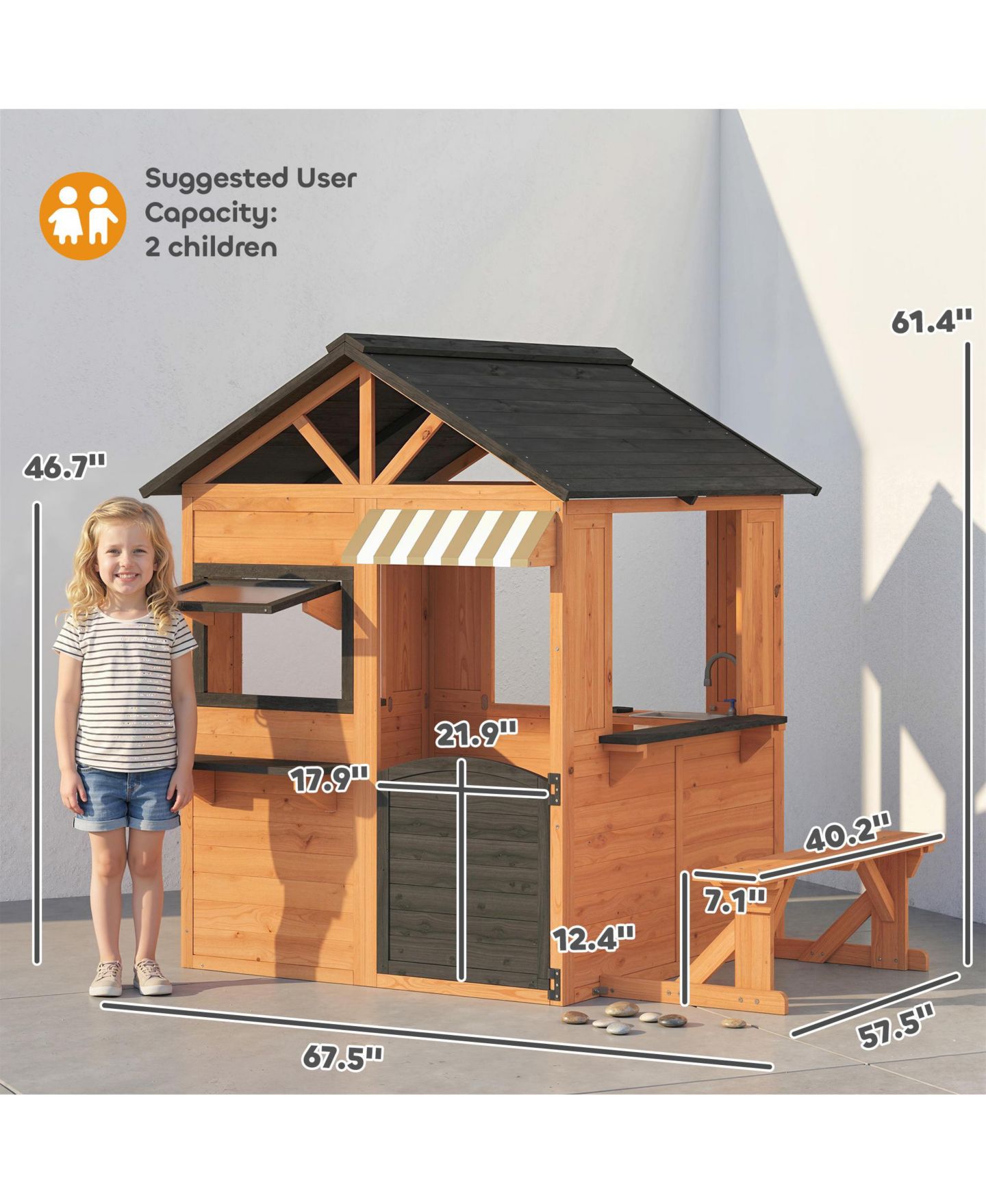Детская игрушка Qaba Outdoor Wooden Playhouse with Play Kitchen, Ages 3+, цвет: Коричневый — фото 3