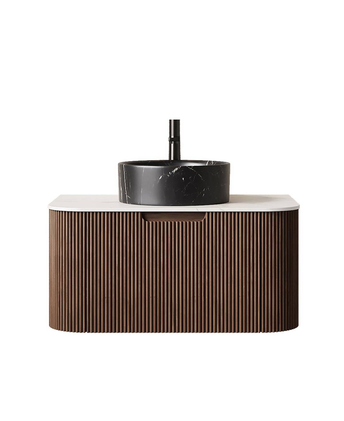 Sillysis Wall Mounted Bathroom Vanity, Ceramic Vessel Sink, Carrara Sintered Stone Top, Soft Close Drawer