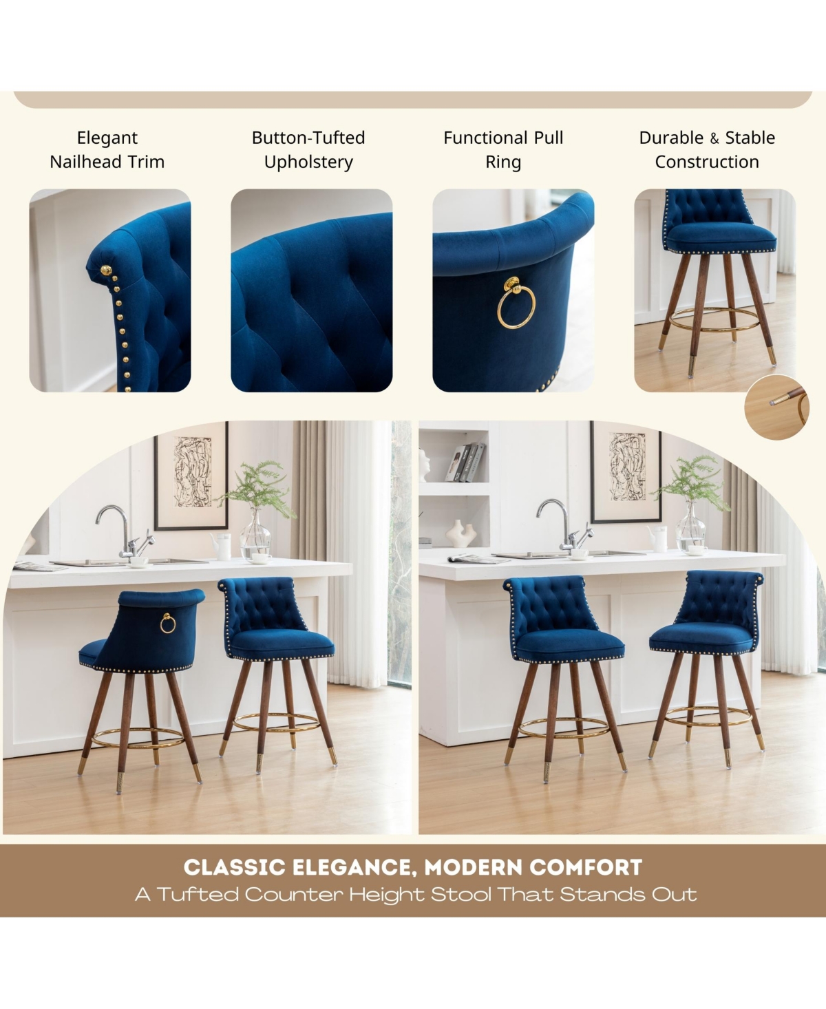 Rainsken Bar Stools Set of 2, Counter Height Chairs with Nailhead Trim, Button-Tufted, Bentwood Legs and Pull Ring for Kitchen Island, Home Pub