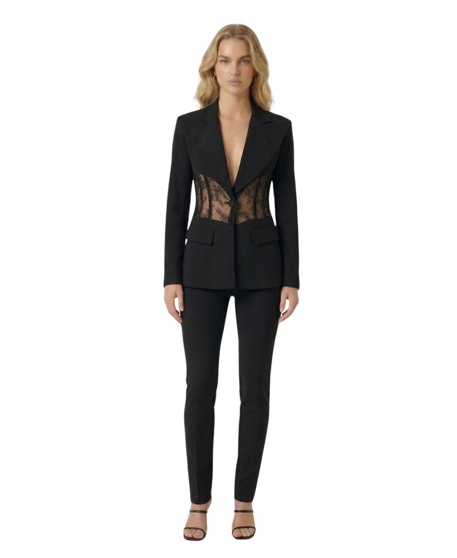 Women's Lace Panel Deep V-Neck Tailored Blazer