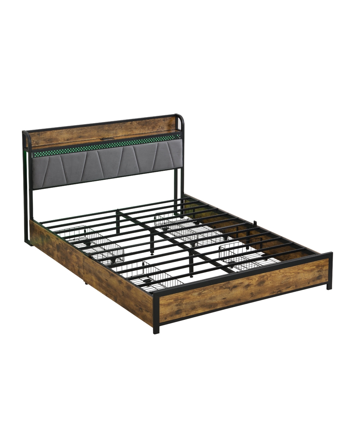 Lucky One Queen Size Bed Frame, Storage Headboard with Charging Station and 4 Storage Drawers