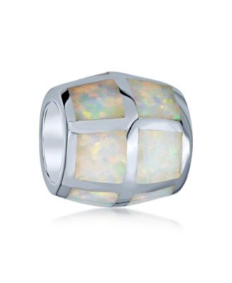 Created White Opal Inlay Barrel Charm Bead .925 Sterling Silver For Bracelet