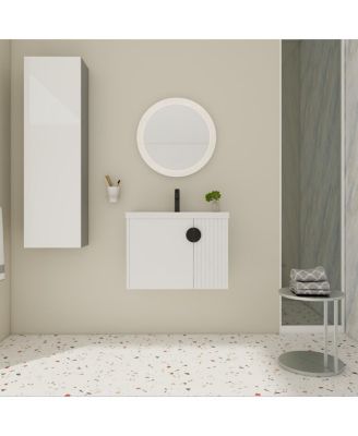 Wall Mounted Bathroom Vanity with Ceramic Sink, Floating Cabinet, 2 Soft Close Doors for Small Space