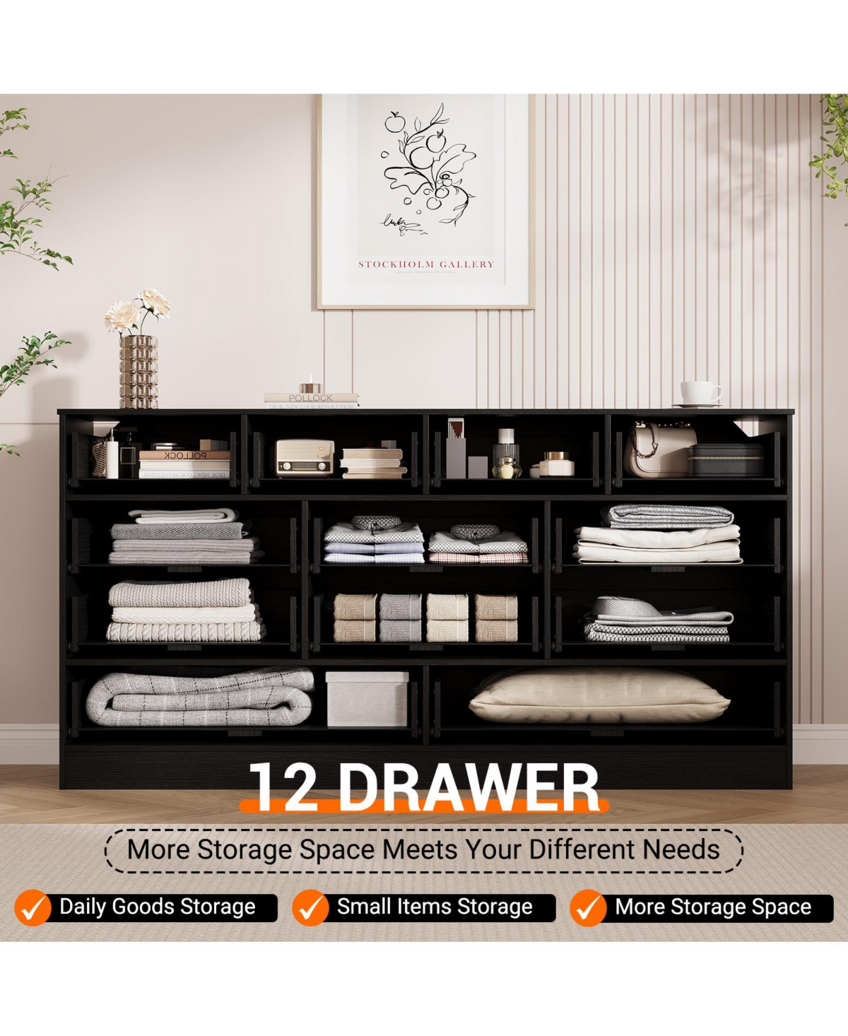 gaomon Bedroom 61" Wide Dresser, 12-Drawer Rattan Wood Chest, Mdf Tv Stand Storage Cabinet.