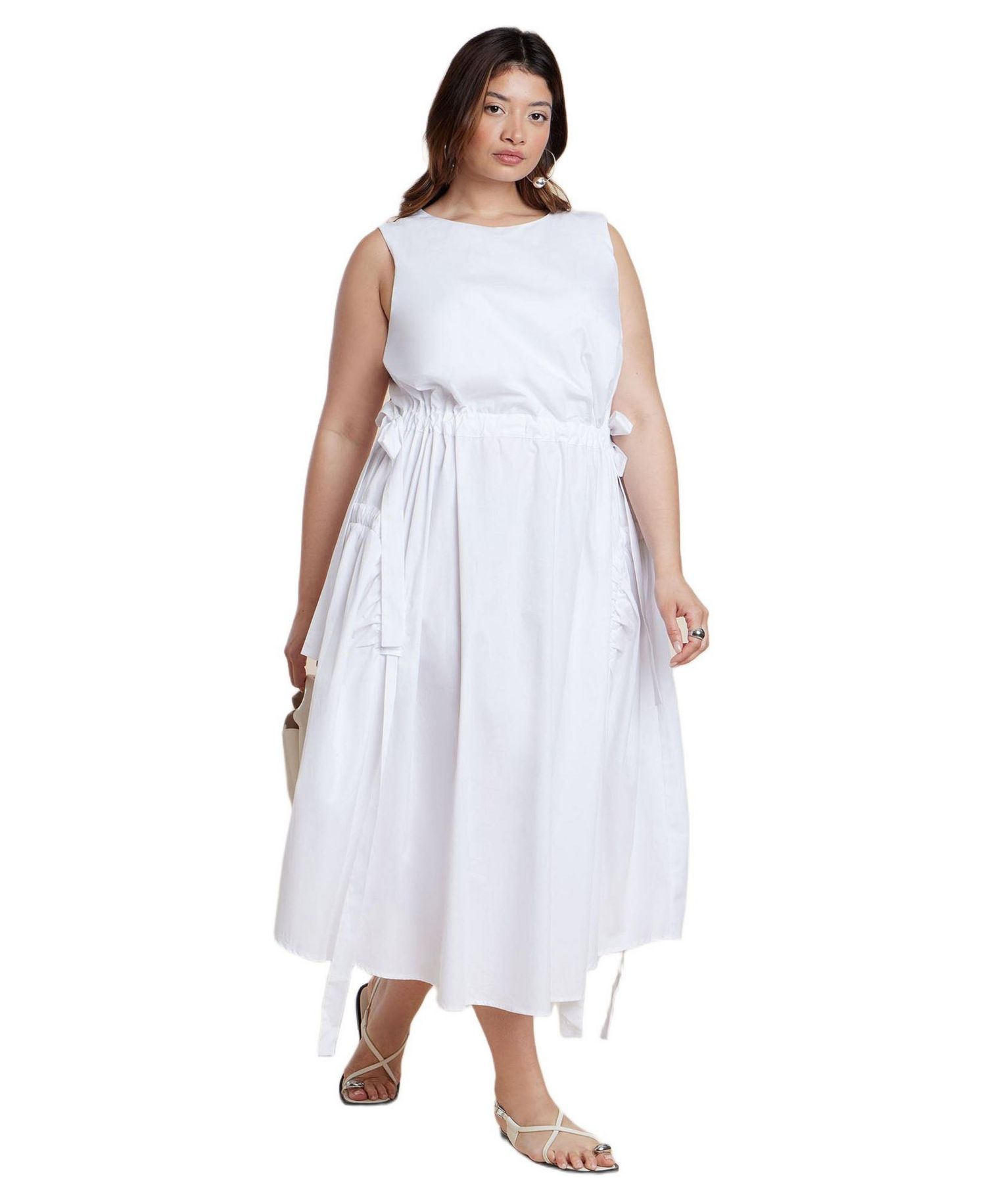 Women's Cinch Waist Poplin Midi Dress