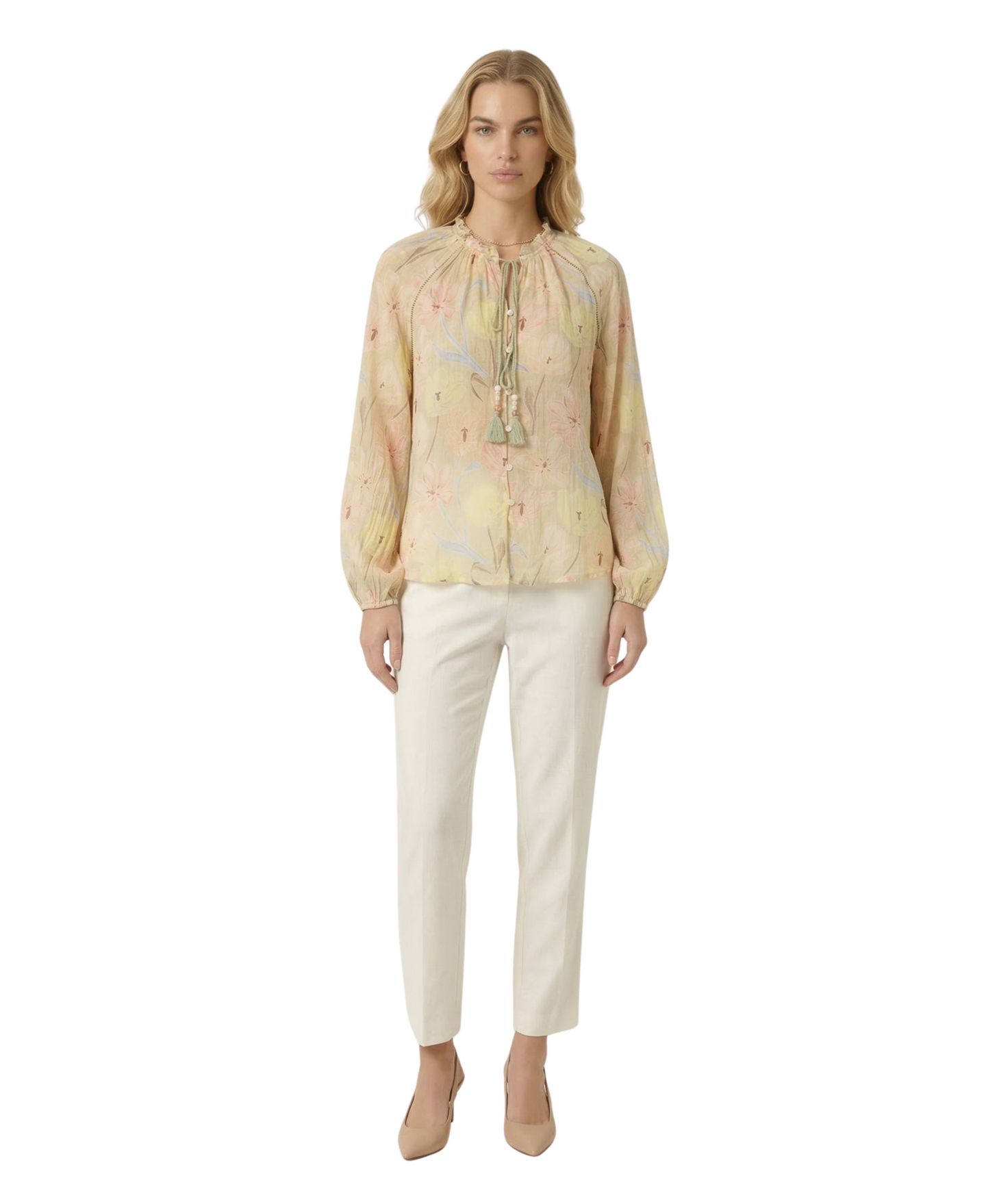 Женская блузка Modenaire Floral Print Tassel-Tie Neck Long-Sleeve, цвет: Бежевый — фото 5