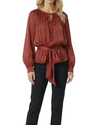 Women's Tie-Neck Belted Long-Sleeve Blouse