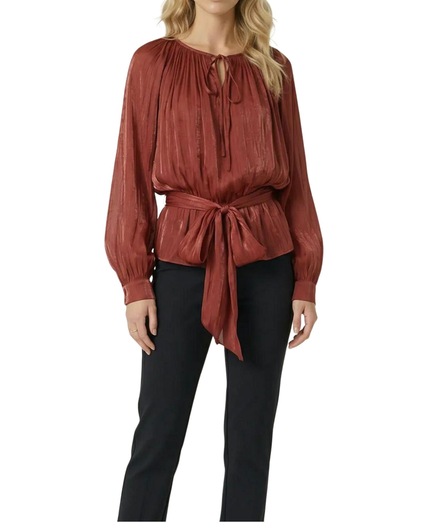 Женская блузка Modenaire Tie-Neck Belted Long-Sleeve — фото 1