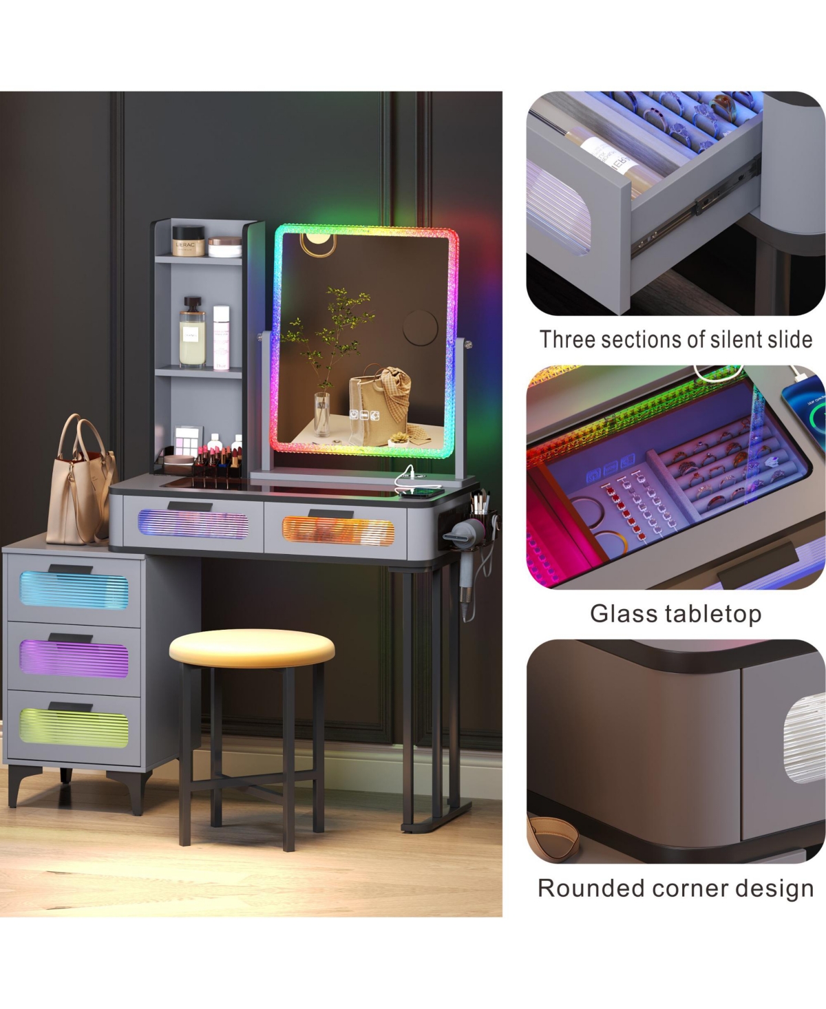 Vlsrka Vanity Set: Rgb Lights, 5 Drawers & Wireless Charger