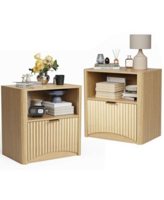 Bedroom Sofa Office Nightstand, Set of 2 Wooden Bedside End Tables, Fluted Panel Storage with Drawer and Shelf, Oak
