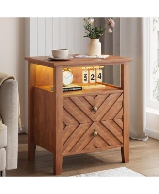 Home 2-Drawer Farmhouse Wood Nightstand, Bedside Table with Open Shelf Storage