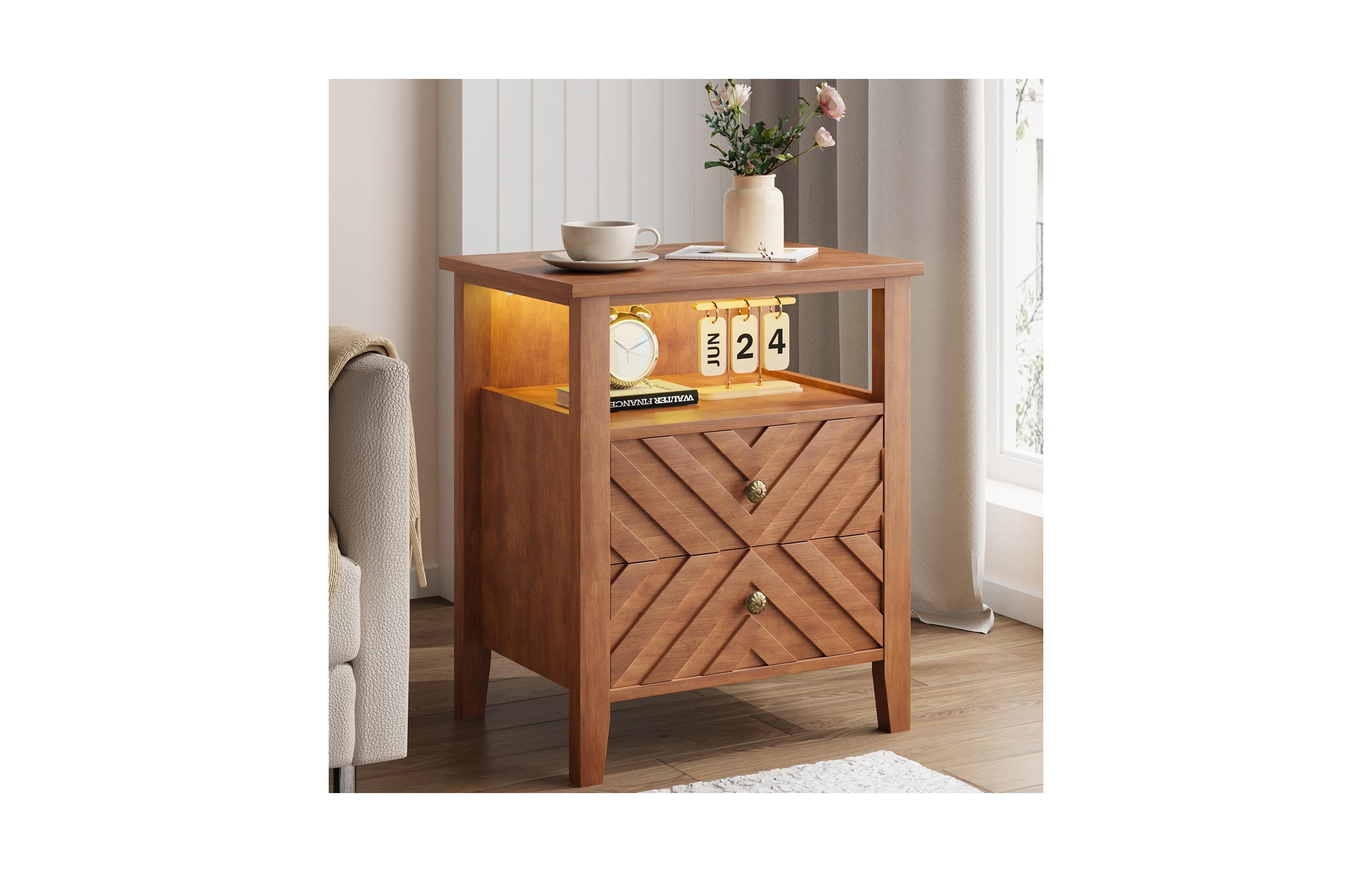 gaomon Home 2-Drawer Farmhouse Wood Nightstand, Bedside Table with Open Shelf Storage
