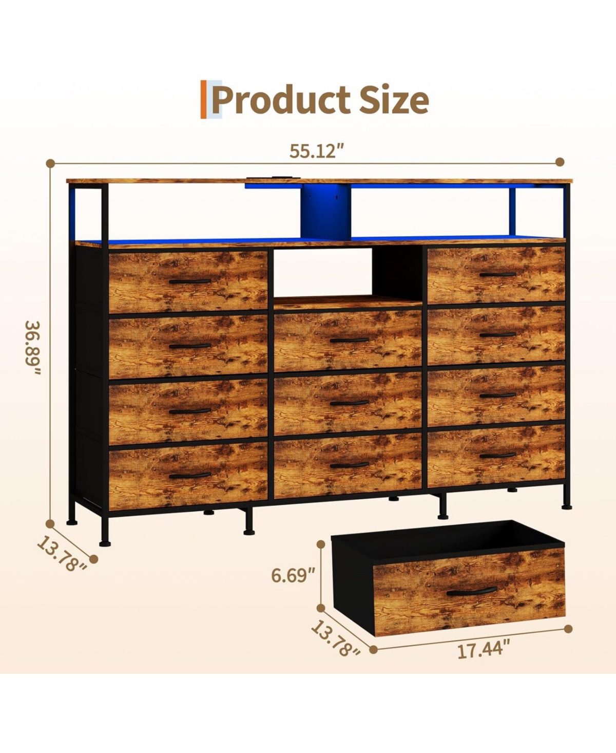 gaomon Dresser for Bedroom with 11 Fabric Drawers, Featuring Power Outlet and Led Lights, Wooden Top