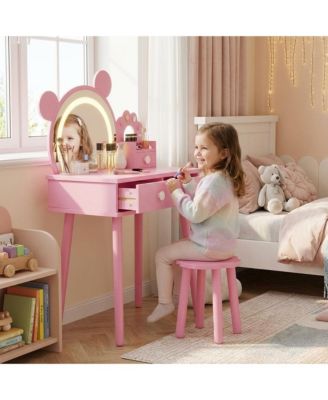 Bear-Shaped Lighted Mirror Kids Vanity Table and Chair Set - Wooden Princess Makeup Desk with Stool, Storage Drawers