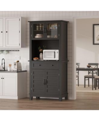 72 in Tall Kitchen Pantry Cabinet, Kitchen Hutch Bar Cabinet with Microwave Stand, Cupboard with Drawers Glass Doors for Dining Room