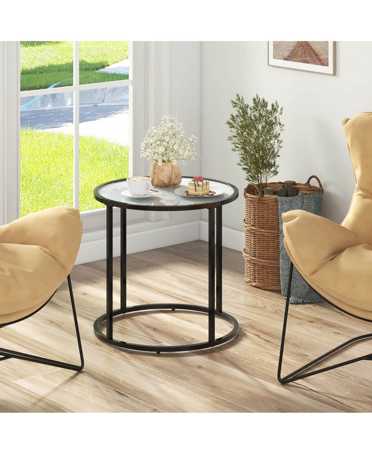 Gymax Glass End Table 20'' Round Side Table with Metal Frame and Faux Marble Glass Top