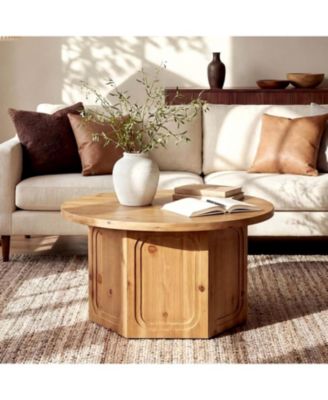 Large Round Solid Wood Coffee Table with Hexagon Pedestal Base