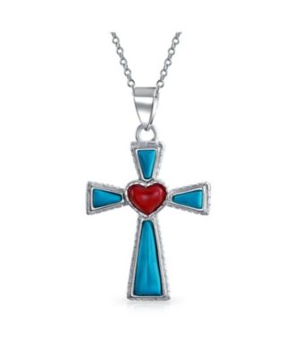 Turquoise Lapis and Heart Religious Cross Necklace Pendant