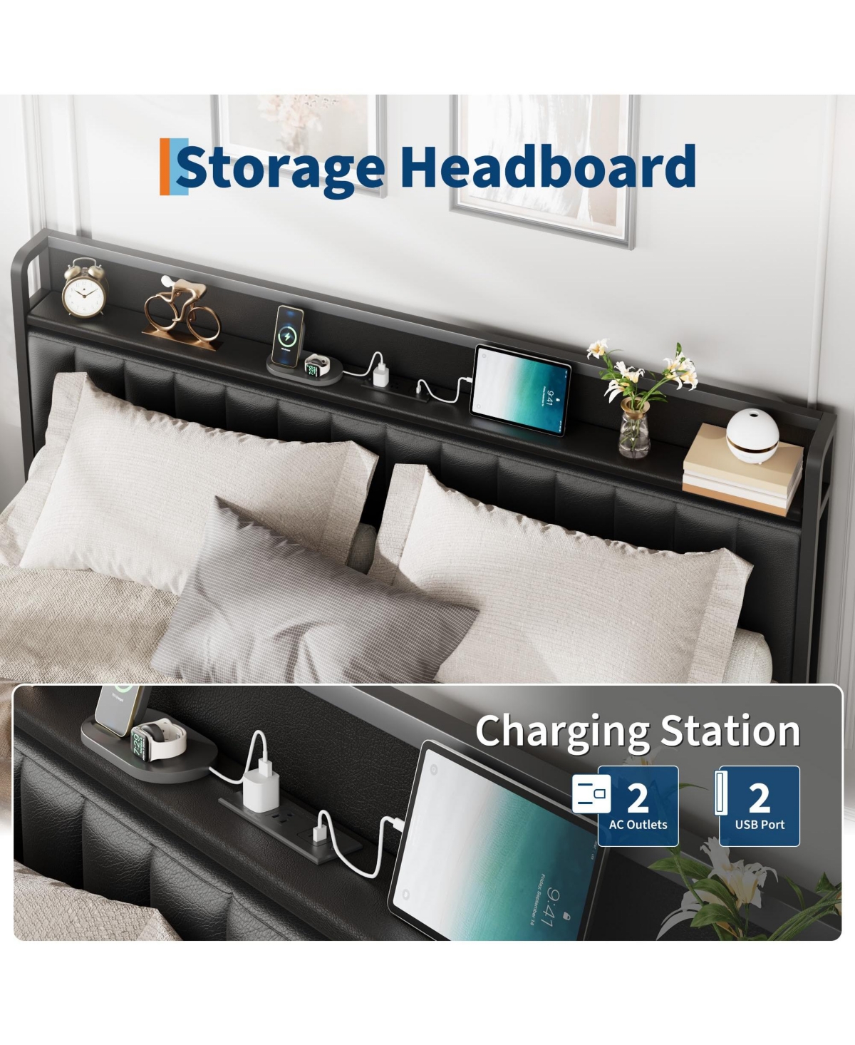 gaomon Size Bed Frame with Charging Station, Faux Leather Headboard and and Footboard