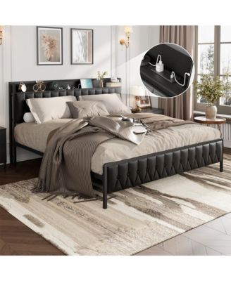 Size Bed Frame with Charging Station, Faux Leather Headboard and and Footboard, No Box Spring