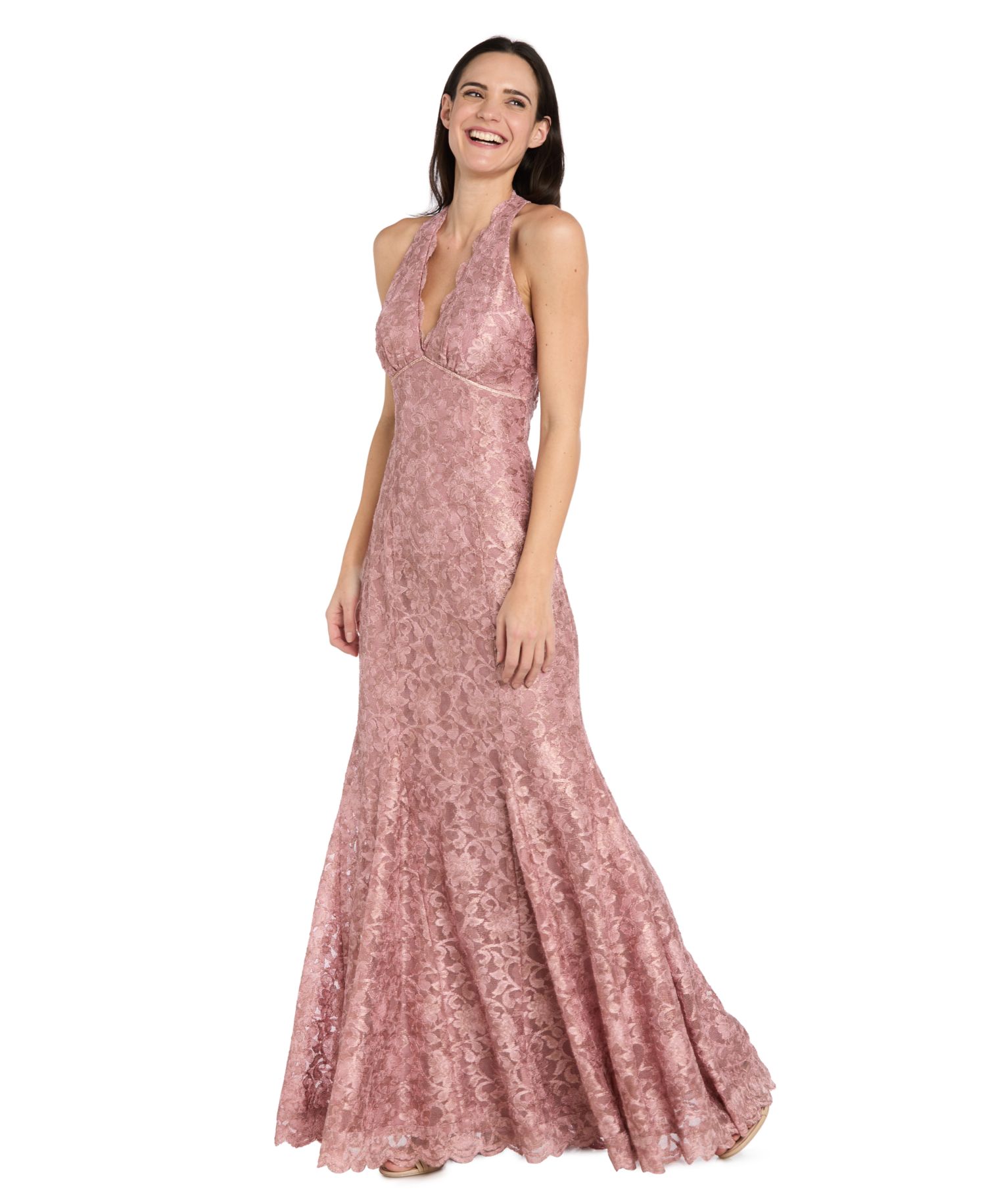Petite Halter V-Neck Stretch Lace Ball Gown