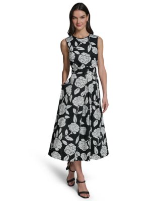 black and white dress floral Women's Floral Print Smocked Midi Dress - White Medium | Women's Online Boutique | Boho Chic Style main image 0