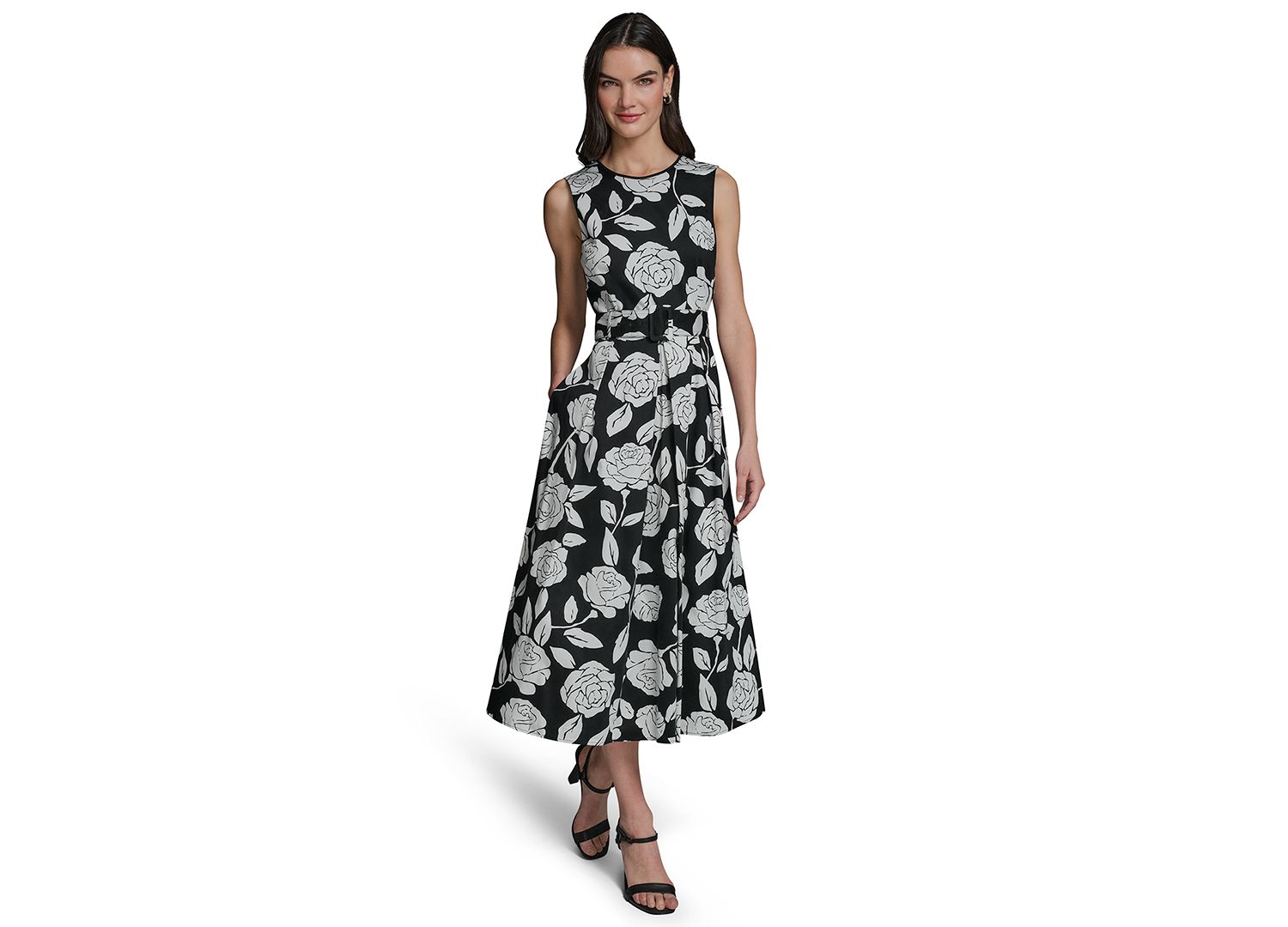 Women's Floral Border Print Crew Neck Midi Dress