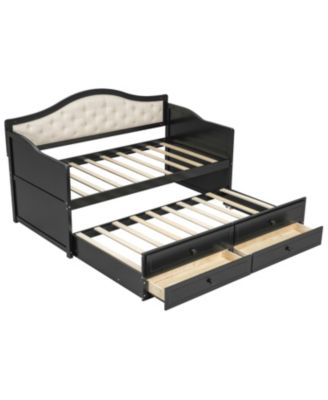 Twin Size Daybed with 2 Storage Drawers, Wooden Sofa Bed with Upholstered Button Tufted Backrest for Living Room