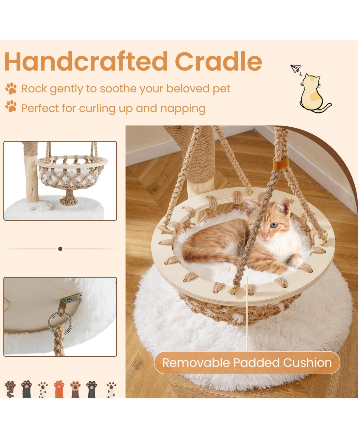 Cozito Cat Tree 48 inch Solid Wood with Hanging Cradle and Jute Post