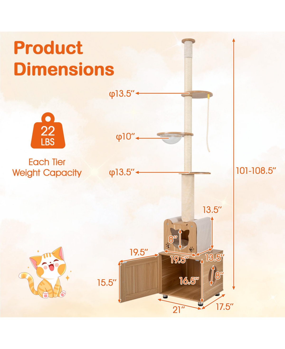 Cozito Floor to Ceiling Cat Tree 101 inch with Litter Box Enclosure