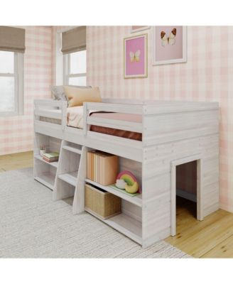 Solid Wood Modern Farmhouse Low Loft Bed, Bed Frame for Kids with 2 Bookcases