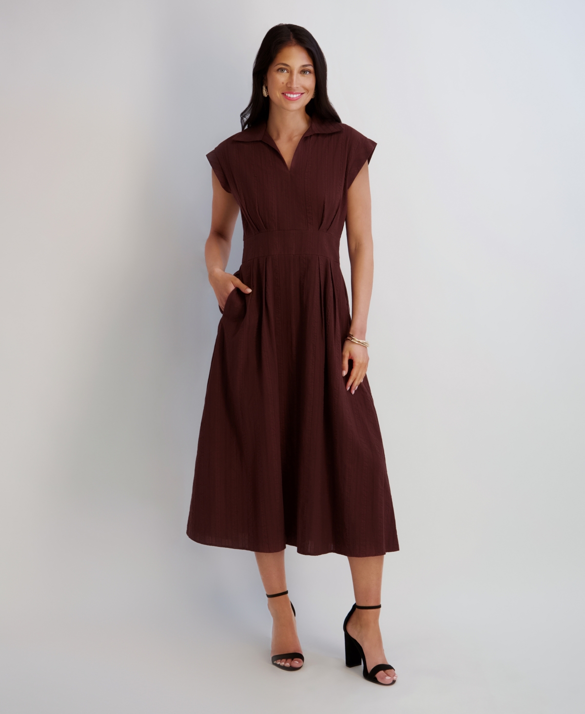 Women's Textured Stripe Midi Shirtdress with Collar