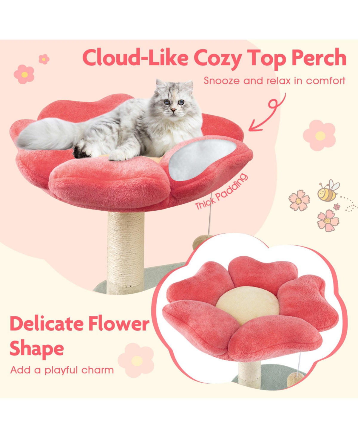 Cozito Cat Tower 49 inch Aesthetic Floral with Flower Padded Perch