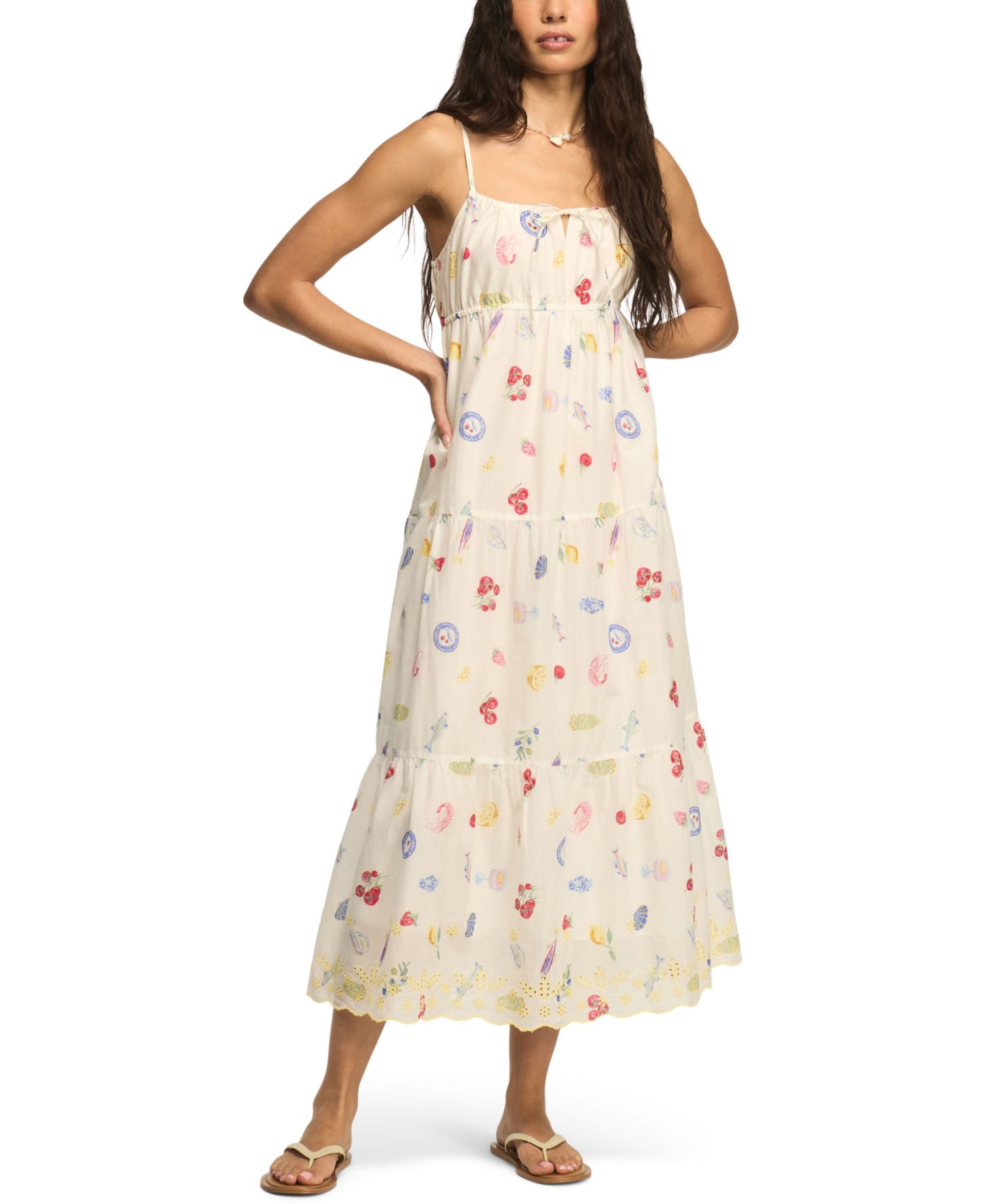 Women's Printed Eyelet Tiered Cotton Midi Dress