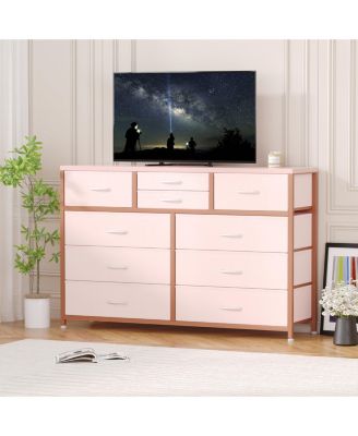 Wide 10 Drawer Fabric Dresser TV Stand, Steel Frame Storage Chest with Wood Top