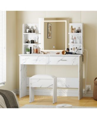 Makeup Vanity Desk with Mirror and LED Lights, 6 Storage Shelves, 2 Drawers, Cushioned Stool, Built-in Power Outlet, Dressing Room Table Set