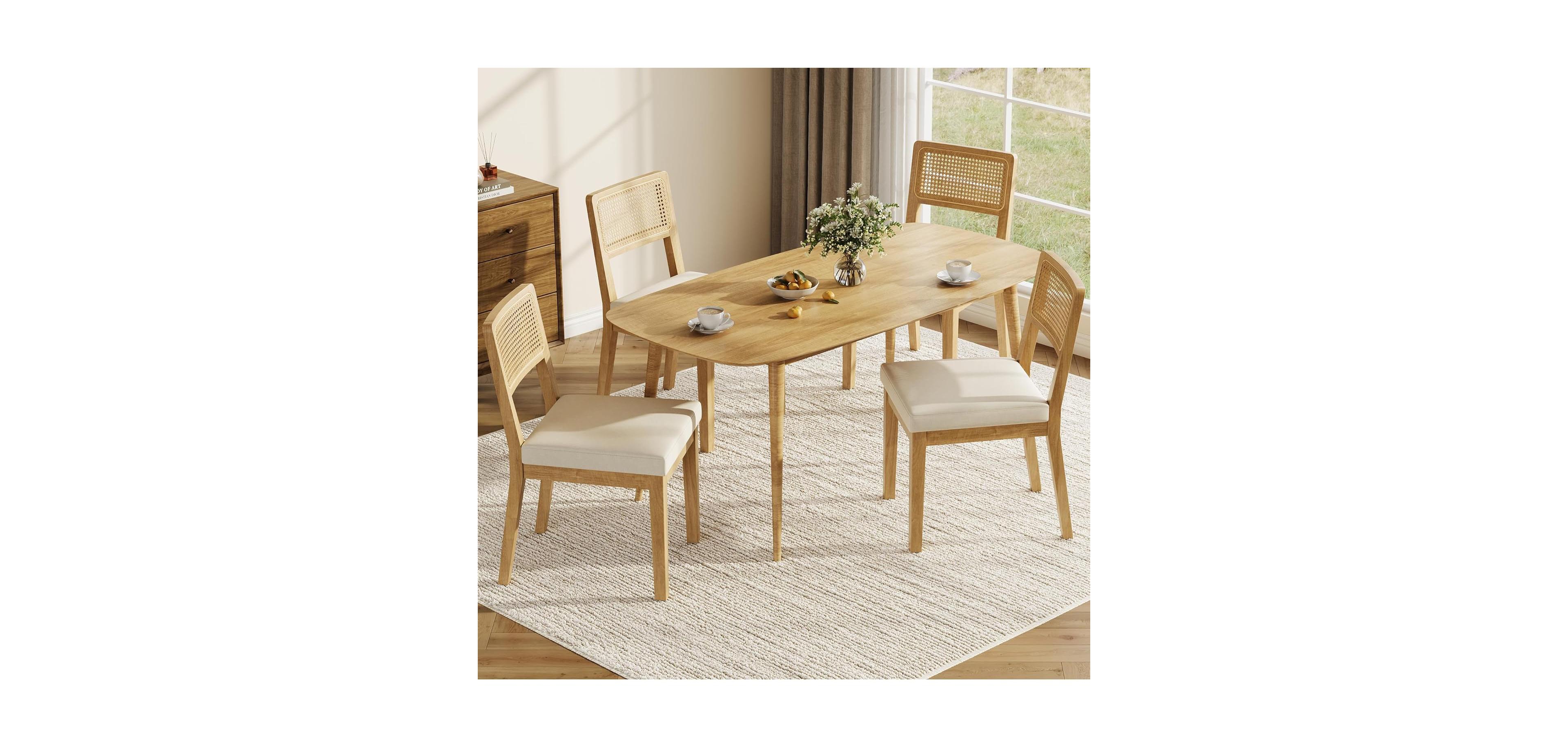 gaomon Rattan Dining Chairs Set of 4, French Country Upholstered Dining Chairs Wood Frame, Rattan Backrest