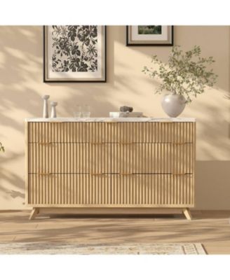 Fluted 7 Drawer Dresser with Curved Profile and Metal Handles, Mid-Century Wood Storage Chest