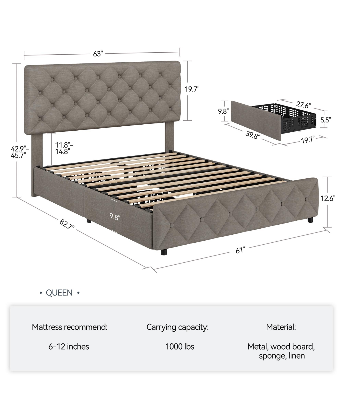 homfan Upholstered Platform Bed Frame with 4 Storage Drawers and Adjustable Diamond-Tufted Headboard