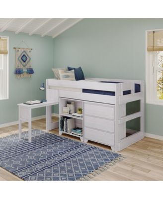 Modern Farmhouse Low Loft Bed, Twin Bed Frame for Kids with 3-Drawer Dresser, 2-Shelf Bookcase and Hook-on Desk