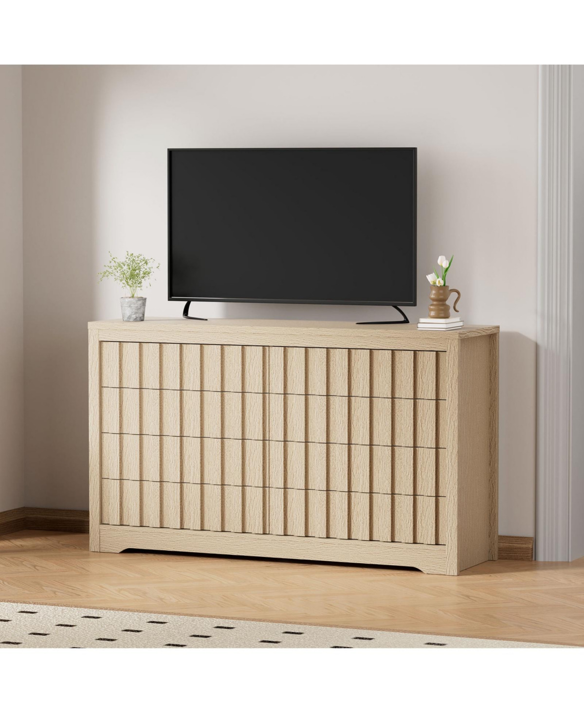 gaomon Bedroom 54" Wide 8-Drawer Fluted Dresser, Curved Profile Wood-Look Storage Chest