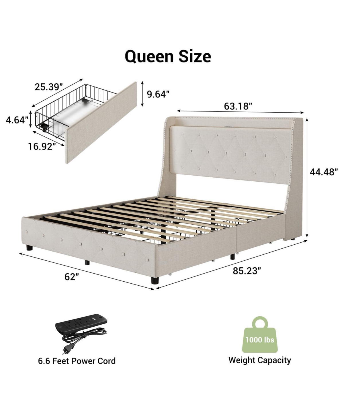 gaomon Upholstered Bed Frame with 4 Drawers, Charging Station and Wingback Headboard