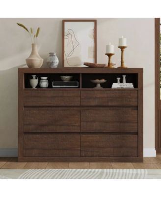 6 Drawer Modern Wooden Dresser with 2 Open Shelves, 47" Wide Handleless Storage Chest for Bedroom
