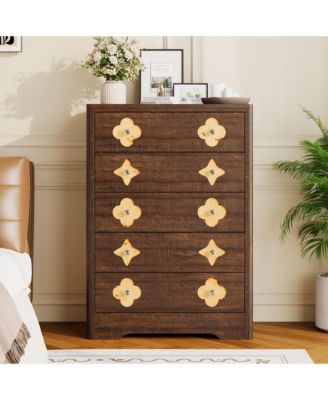 46.1" Tall 5 Drawer Wood Dresser with Decorative Fronts and Crystal Knobs, Narrow Storage Chest