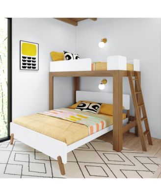 Mid-Century Modern L-Shaped Twin Over Queen Bunk Bed With Ladder on End