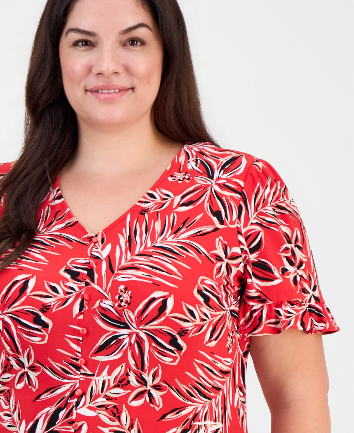 Anne Klein Essentials Plus Ruffled-Cuff Short-Sleeve Top