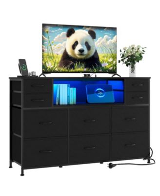 10 Drawer Fabric Dresser TV Stand with LED Lights and Power Outlets, 45"-55" TV Entertainment Center
